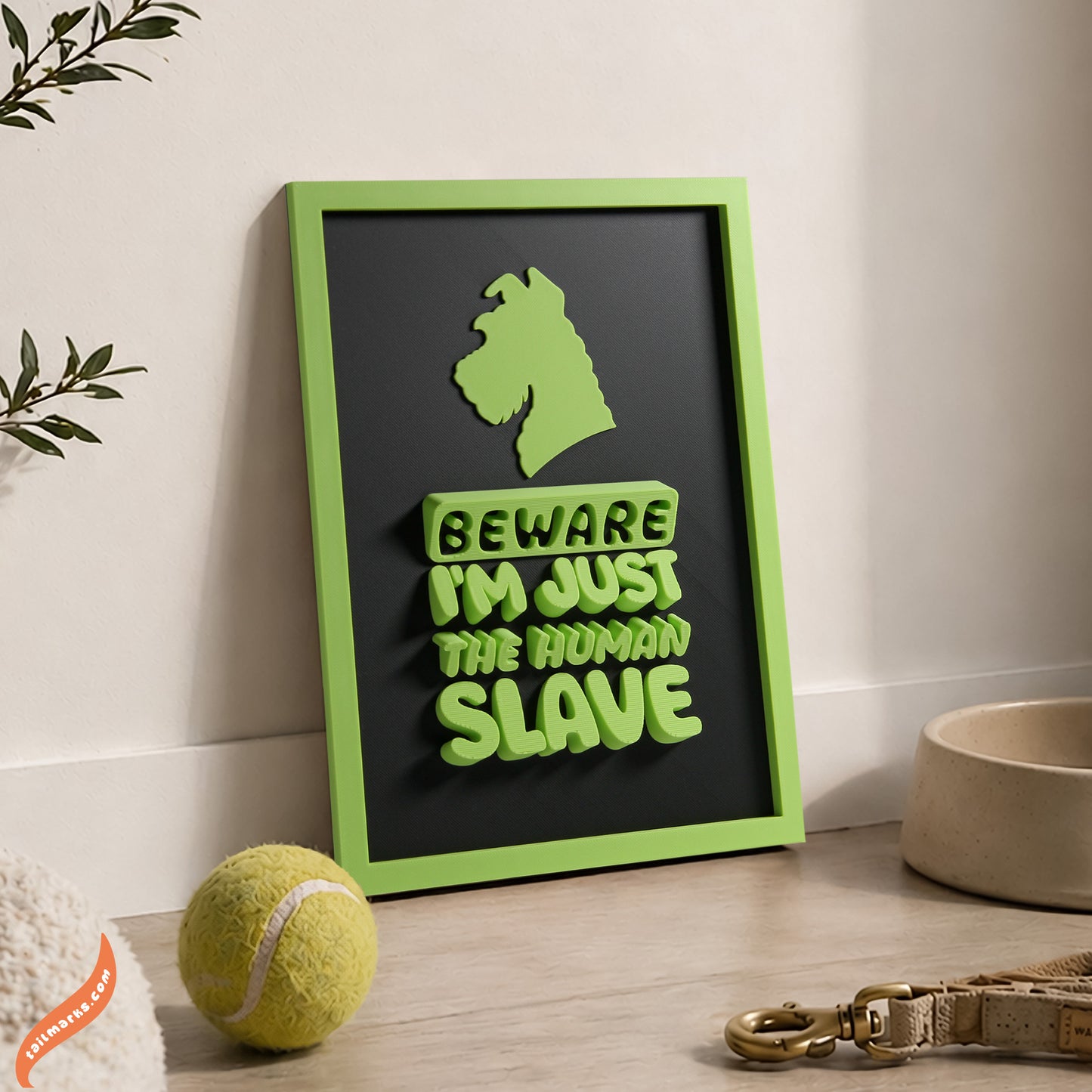 Personalised Dog Wall Decor "Beware — I'm Just the Human Slave" Framed in 3D