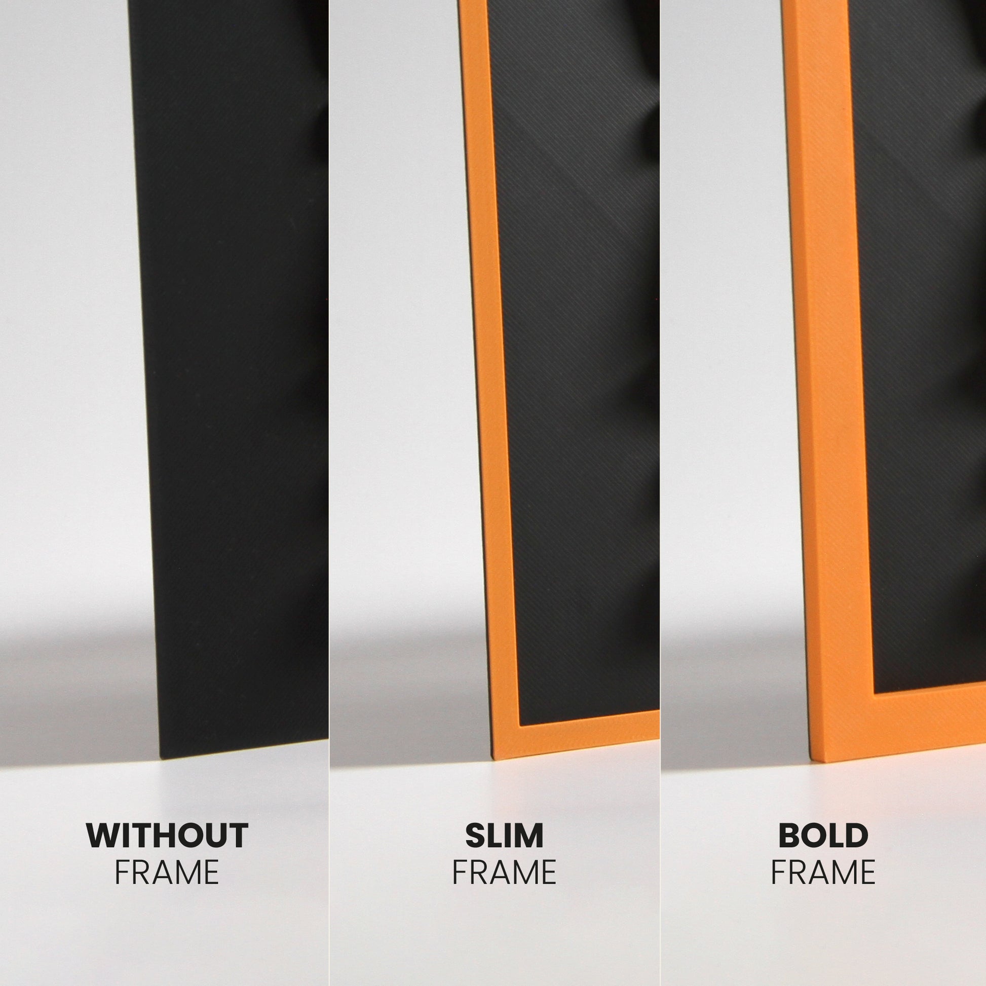 Three black panels with different frame options on a white background
