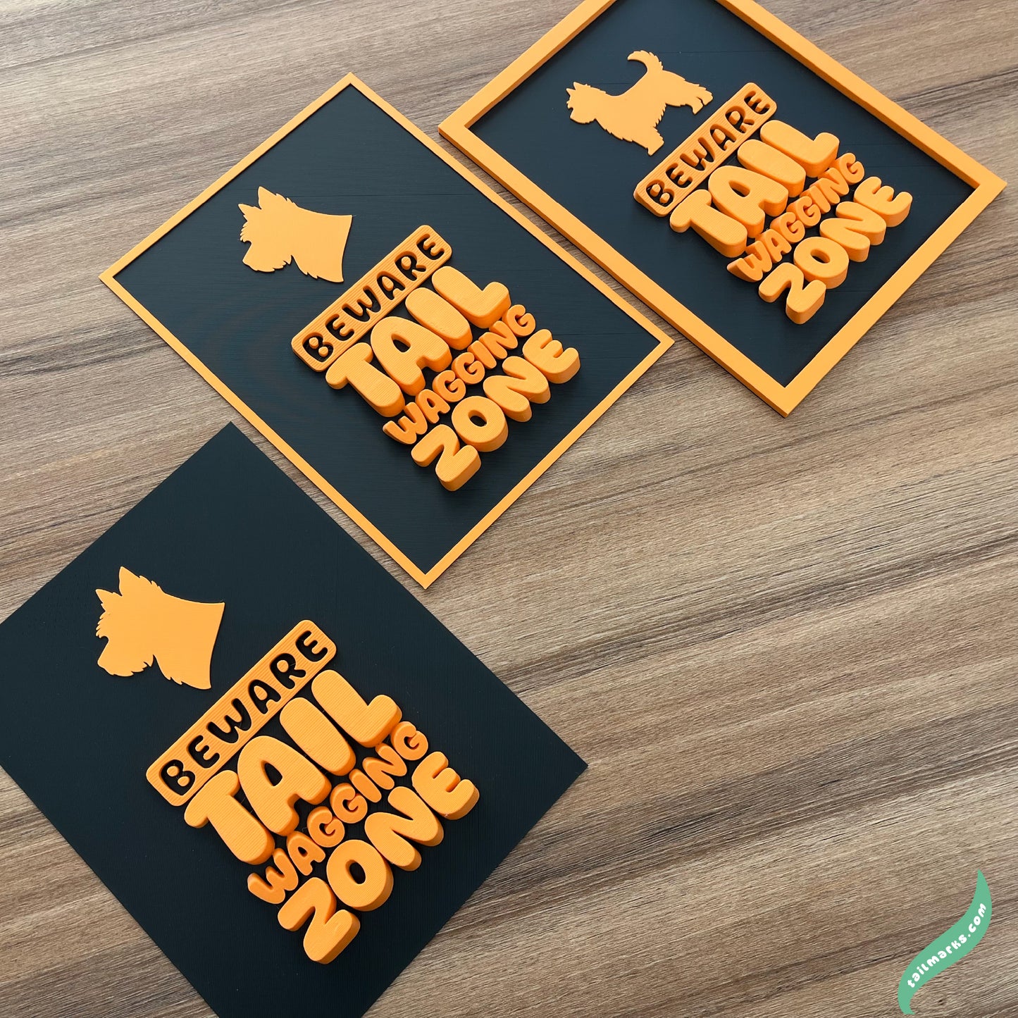 Three decorative signs with diferent frame options, beware tail wagging zone and dogs silhouettes