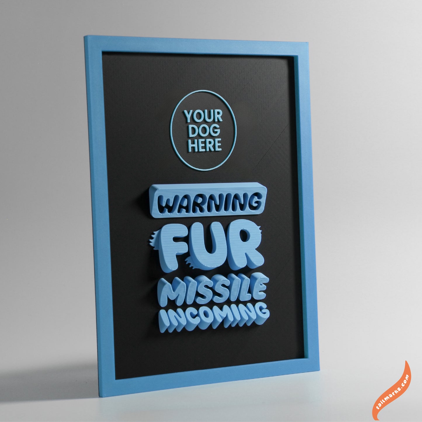 Personalised Dog Wall Decor "Warning — Fur Missile Incoming" Framed in 3D