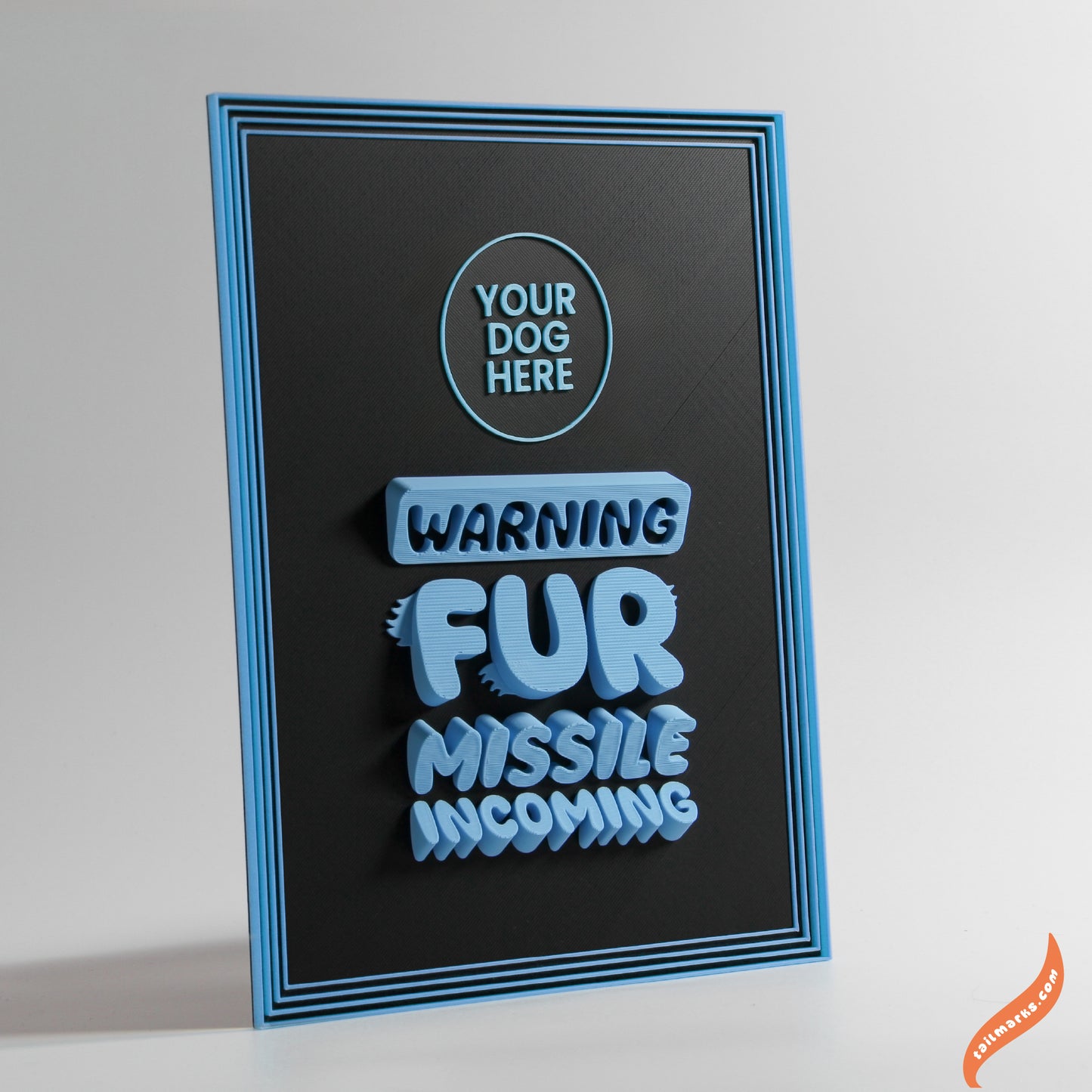Personalised Dog Wall Decor "Warning — Fur Missile Incoming" Framed in 3D