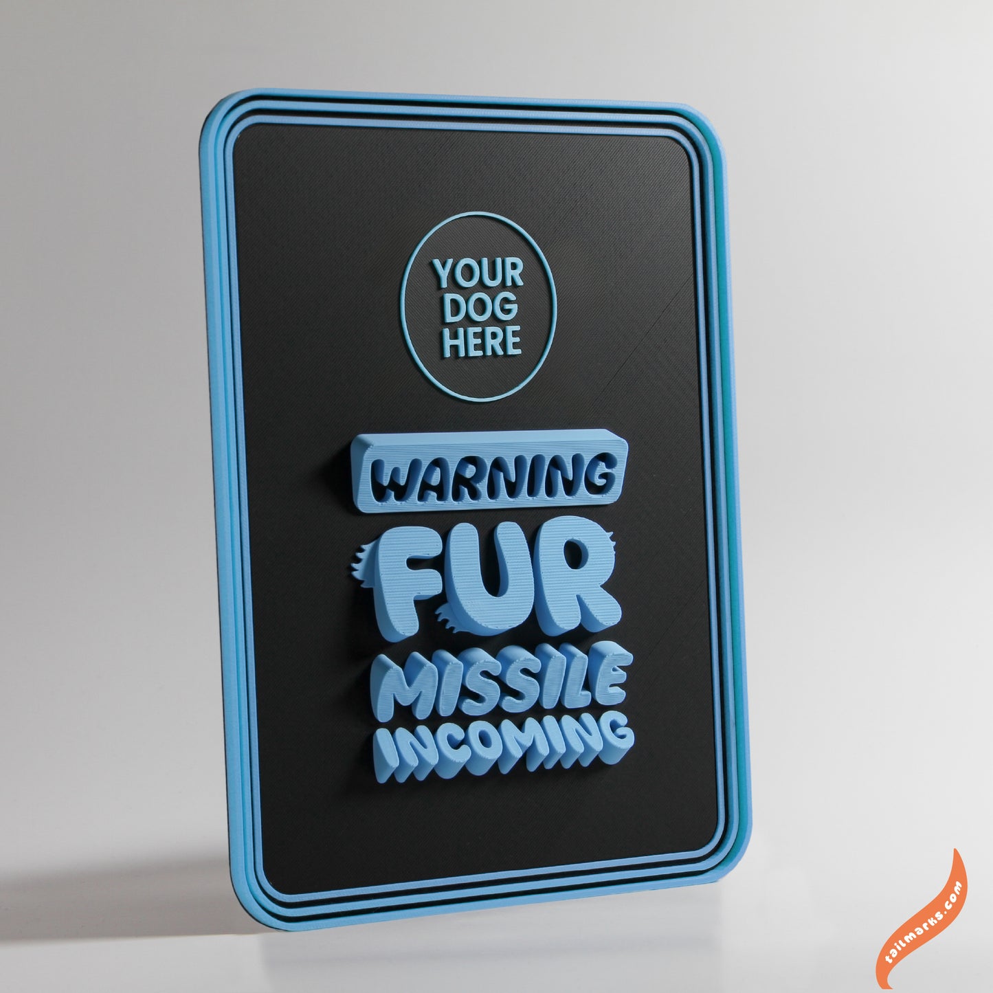 Personalised Dog Wall Decor "Warning — Fur Missile Incoming" Framed in 3D