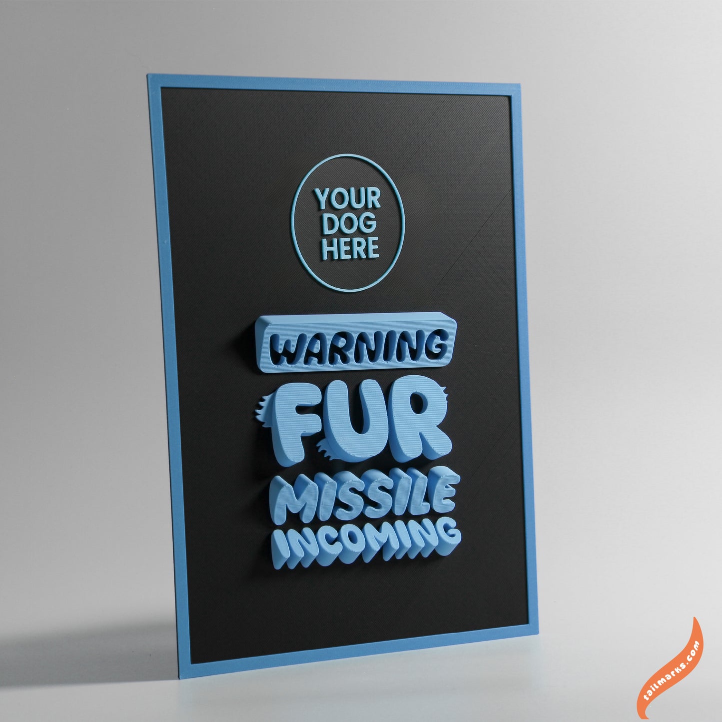 Personalised Dog Wall Decor "Warning — Fur Missile Incoming" Framed in 3D