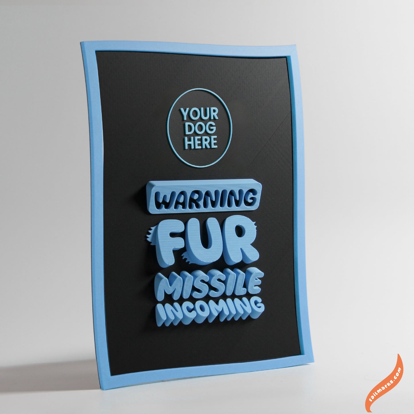Personalised Dog Wall Decor "Warning — Fur Missile Incoming" Framed in 3D