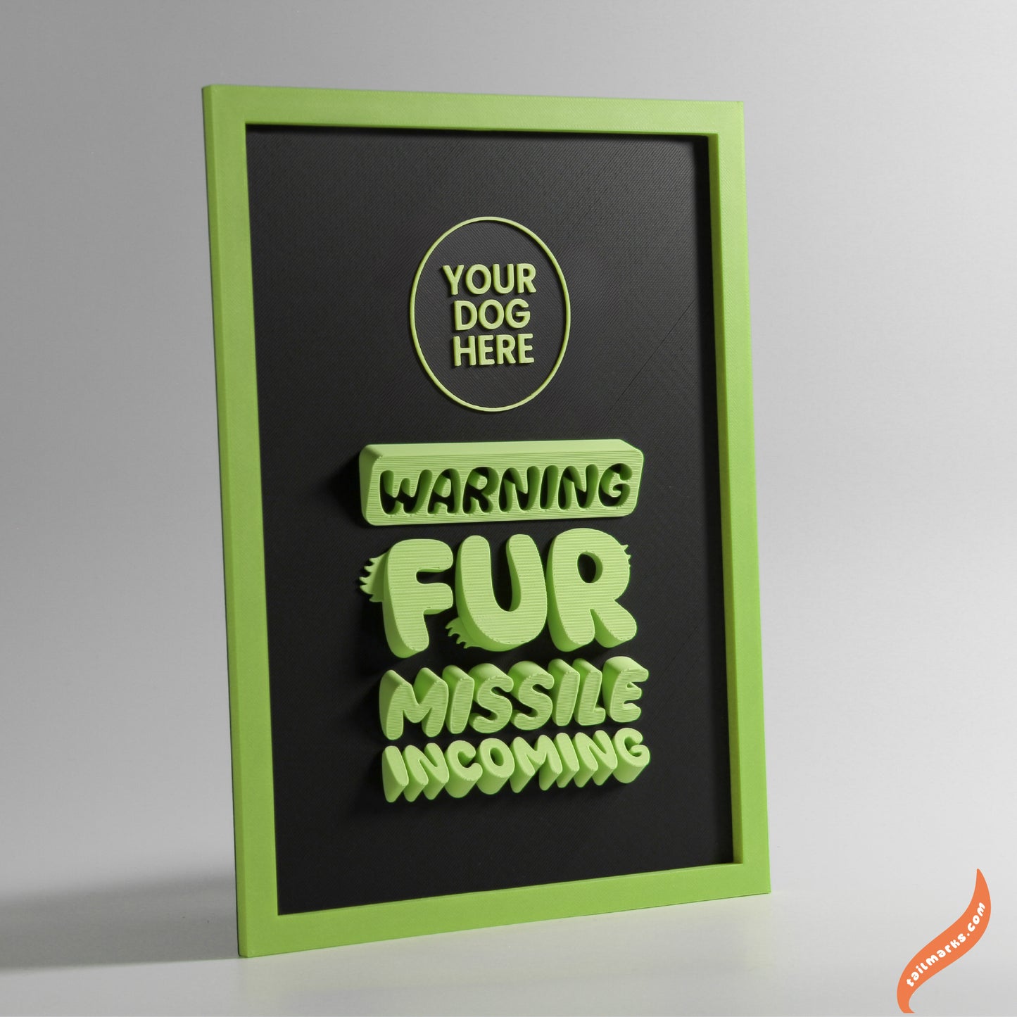 Personalised Dog Wall Decor "Warning — Fur Missile Incoming" Framed in 3D