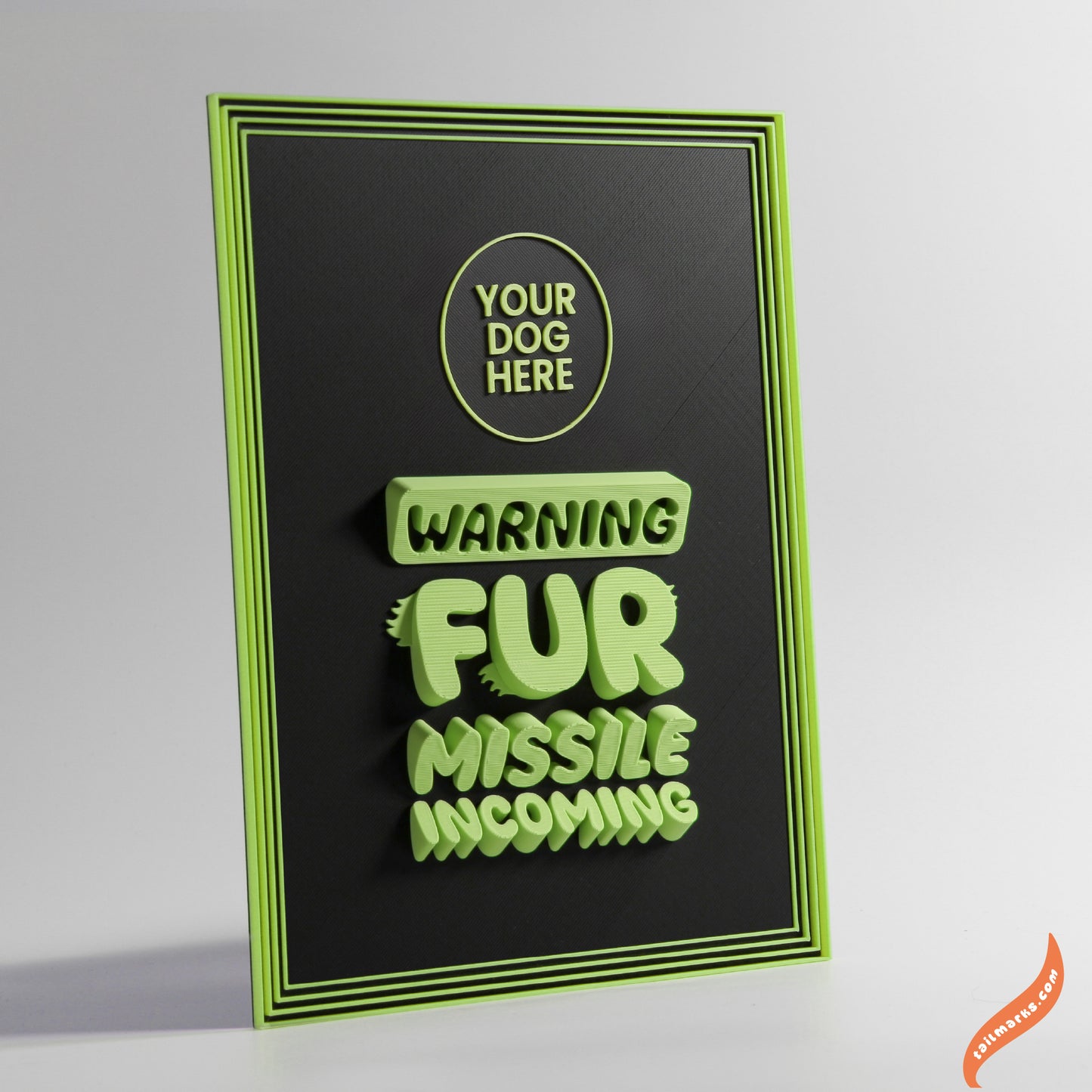 Personalised Dog Wall Decor "Warning — Fur Missile Incoming" Framed in 3D