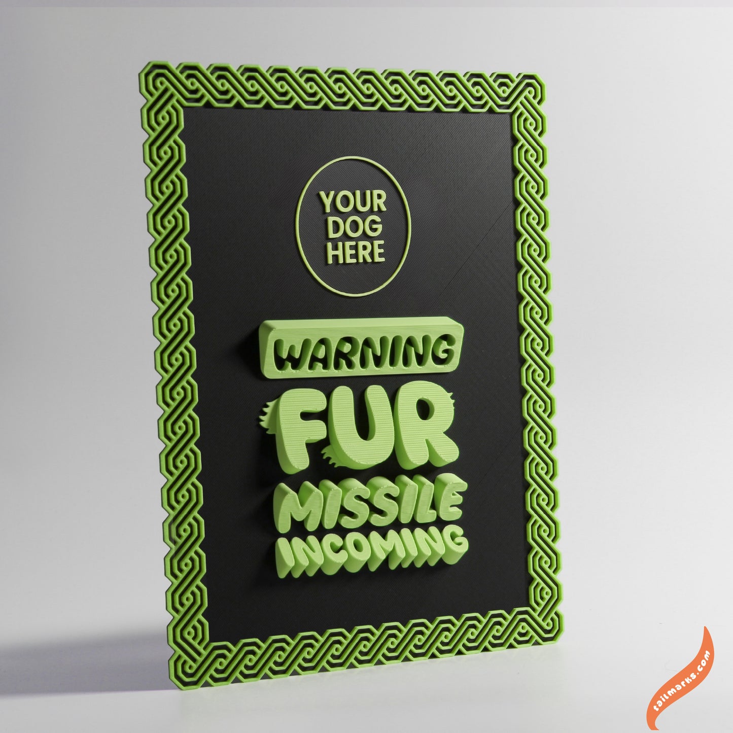 Personalised Dog Wall Decor "Warning — Fur Missile Incoming" Framed in 3D