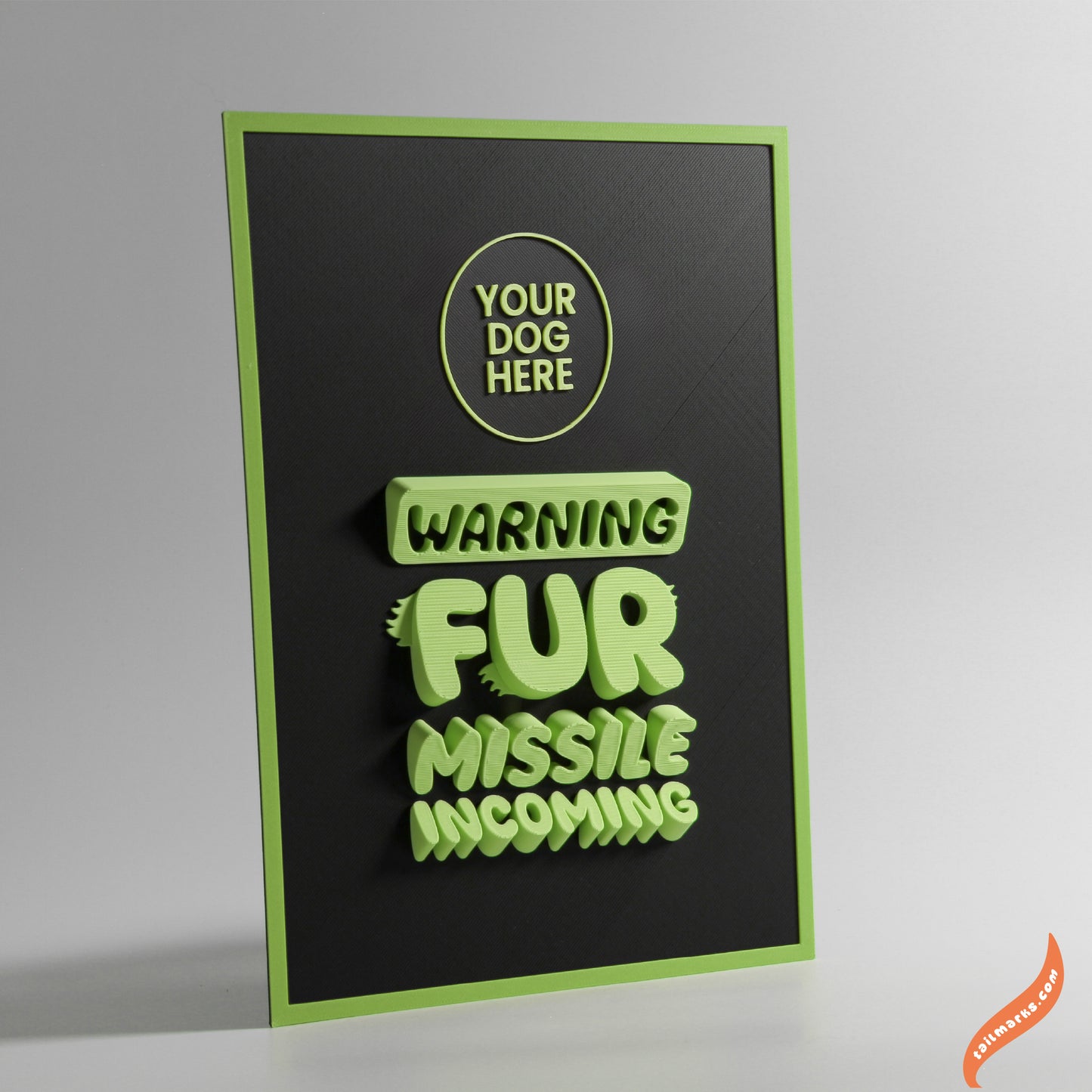 Personalised Dog Wall Decor "Warning — Fur Missile Incoming" Framed in 3D