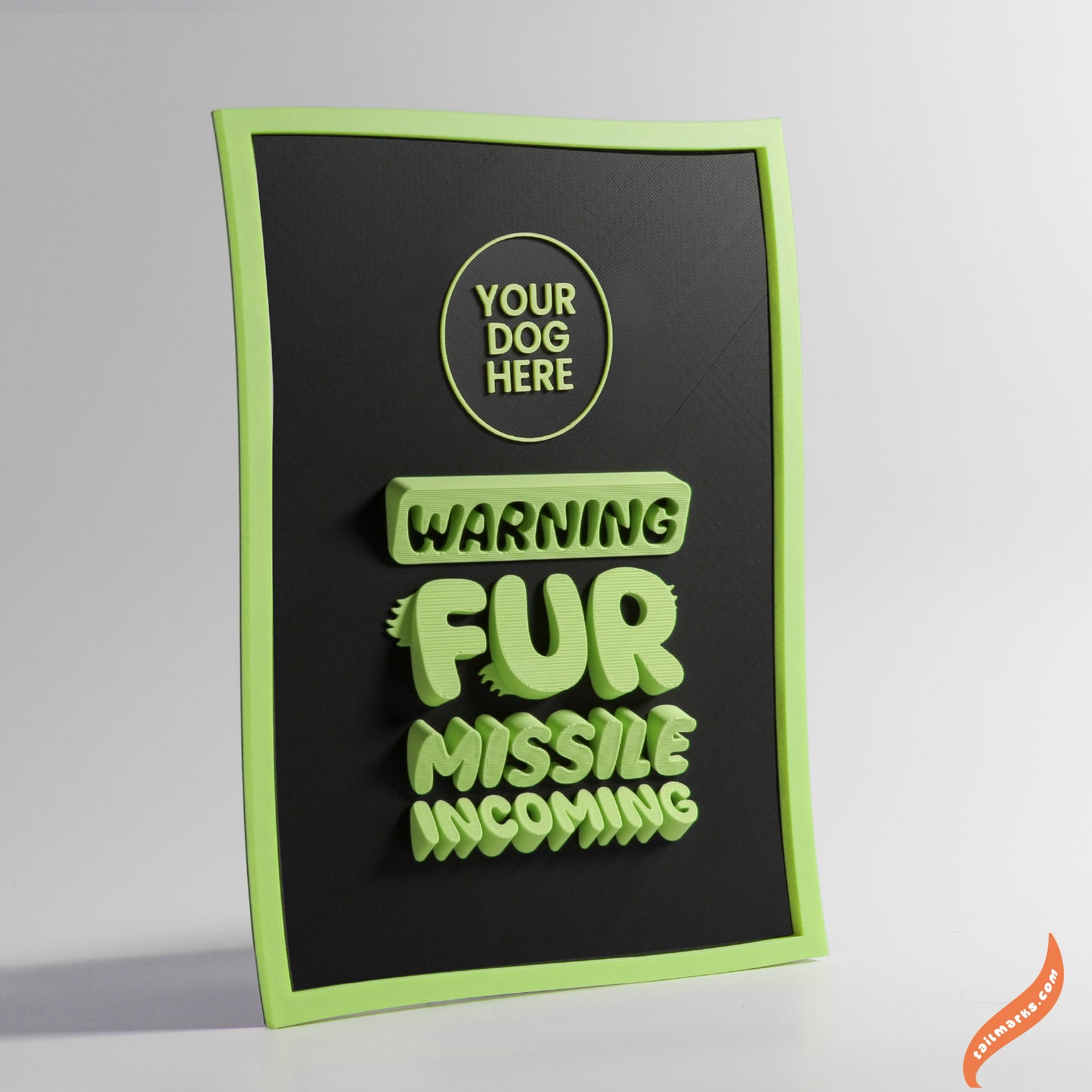 Personalised Dog Wall Decor "Warning — Fur Missile Incoming" Framed in 3D