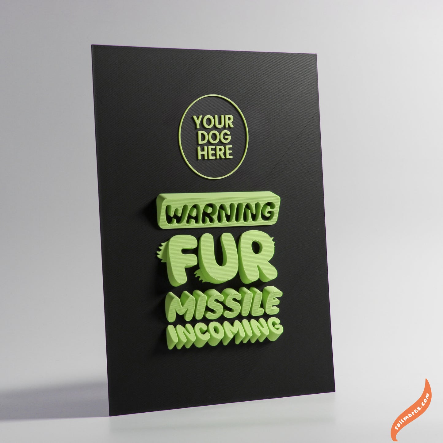 Personalised Dog Wall Decor "Warning — Fur Missile Incoming" Framed in 3D
