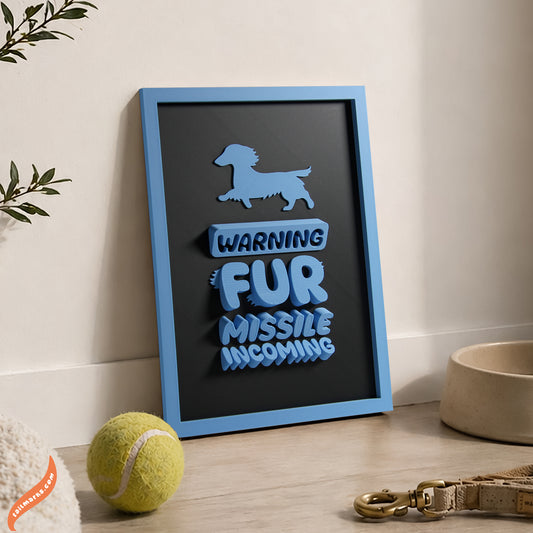 Personalised Dog Wall Decor "Warning — Fur Missile Incoming" Framed in 3D