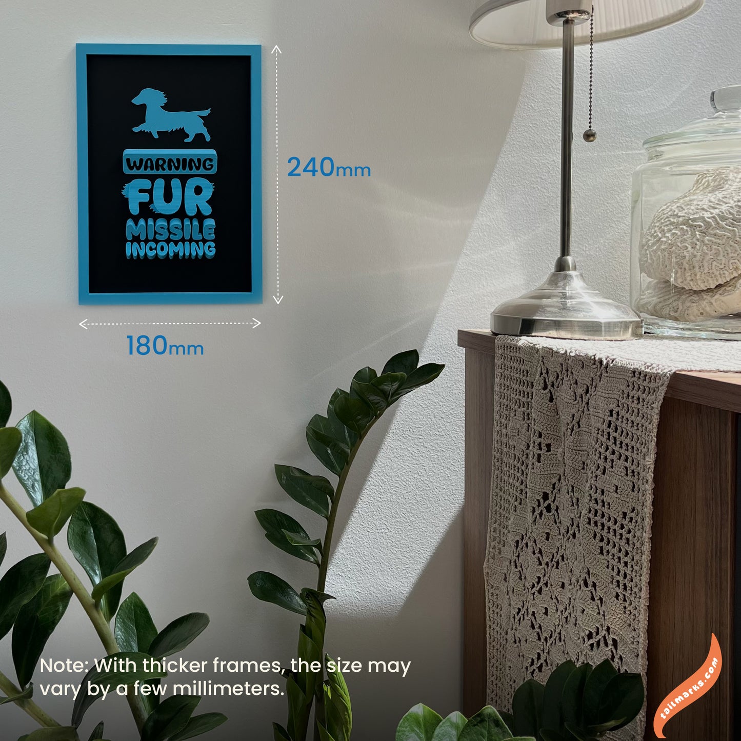Personalised Dog Wall Decor "Warning — Fur Missile Incoming" Framed in 3D
