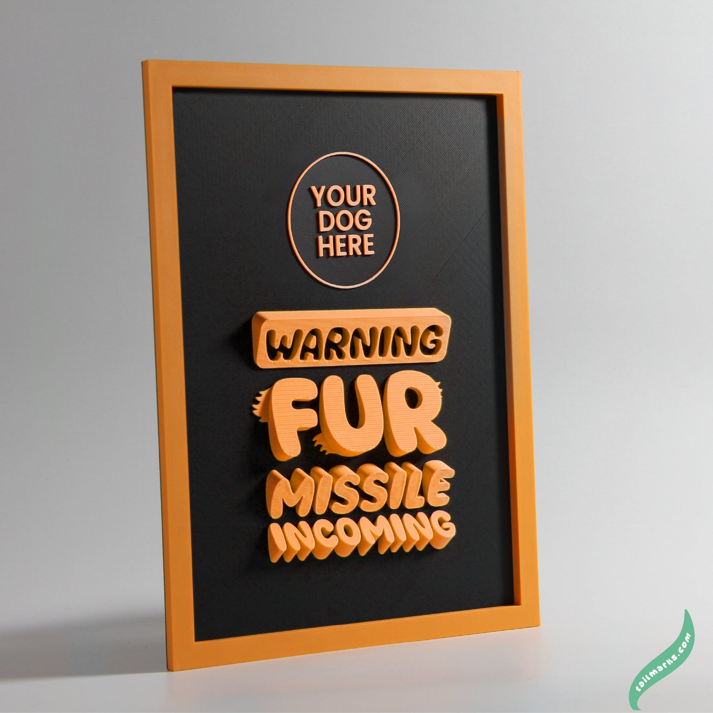 Personalised Dog Wall Decor "Warning — Fur Missile Incoming" Framed in 3D