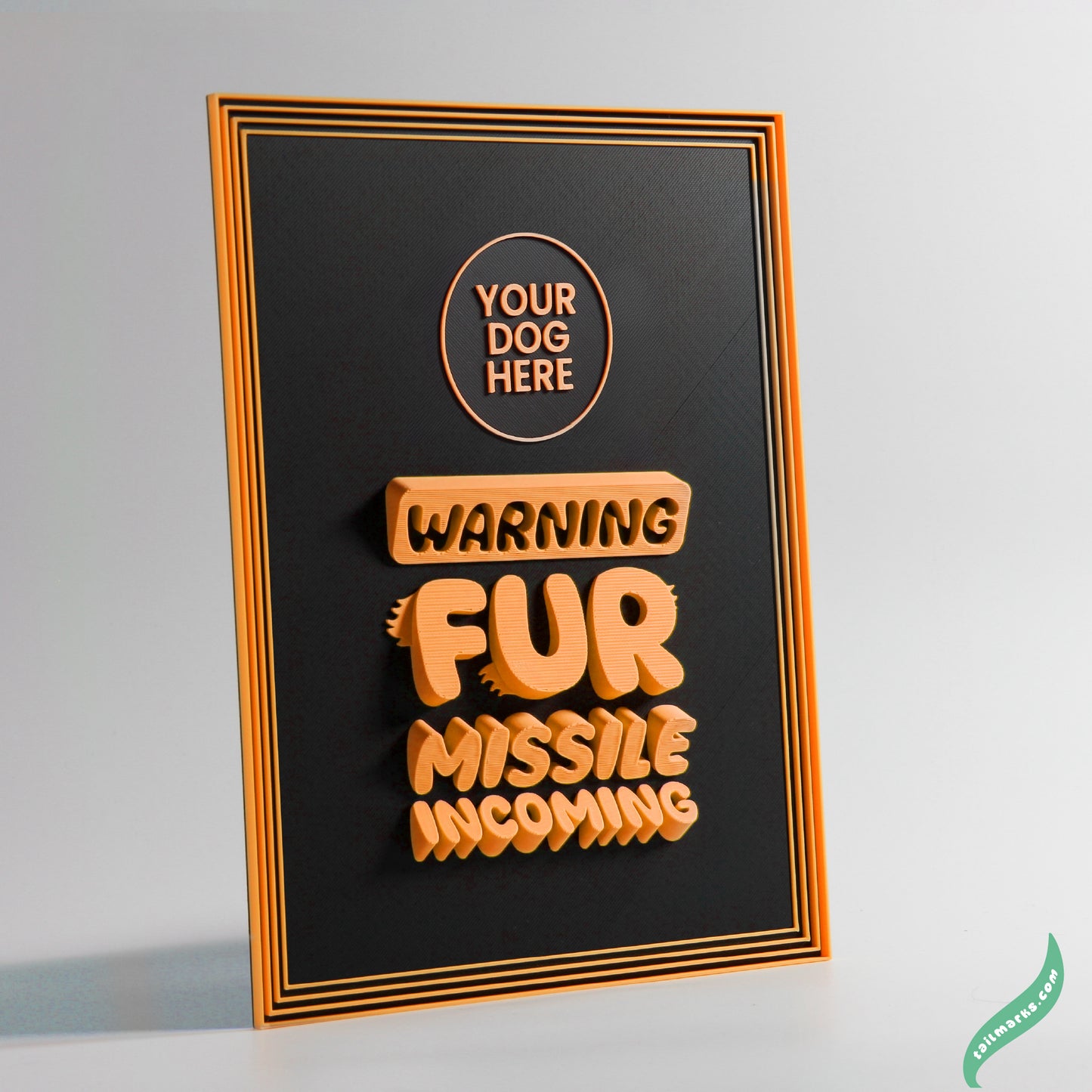 Personalised Dog Wall Decor "Warning — Fur Missile Incoming" Framed in 3D