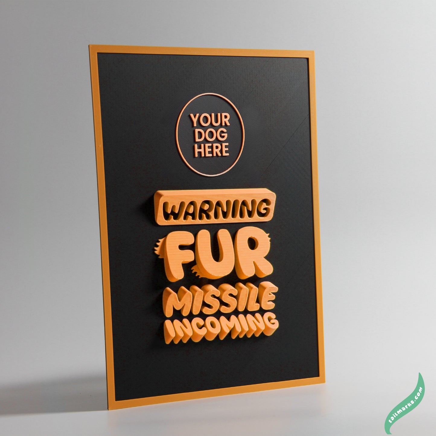 Personalised Dog Wall Decor "Warning — Fur Missile Incoming" Framed in 3D