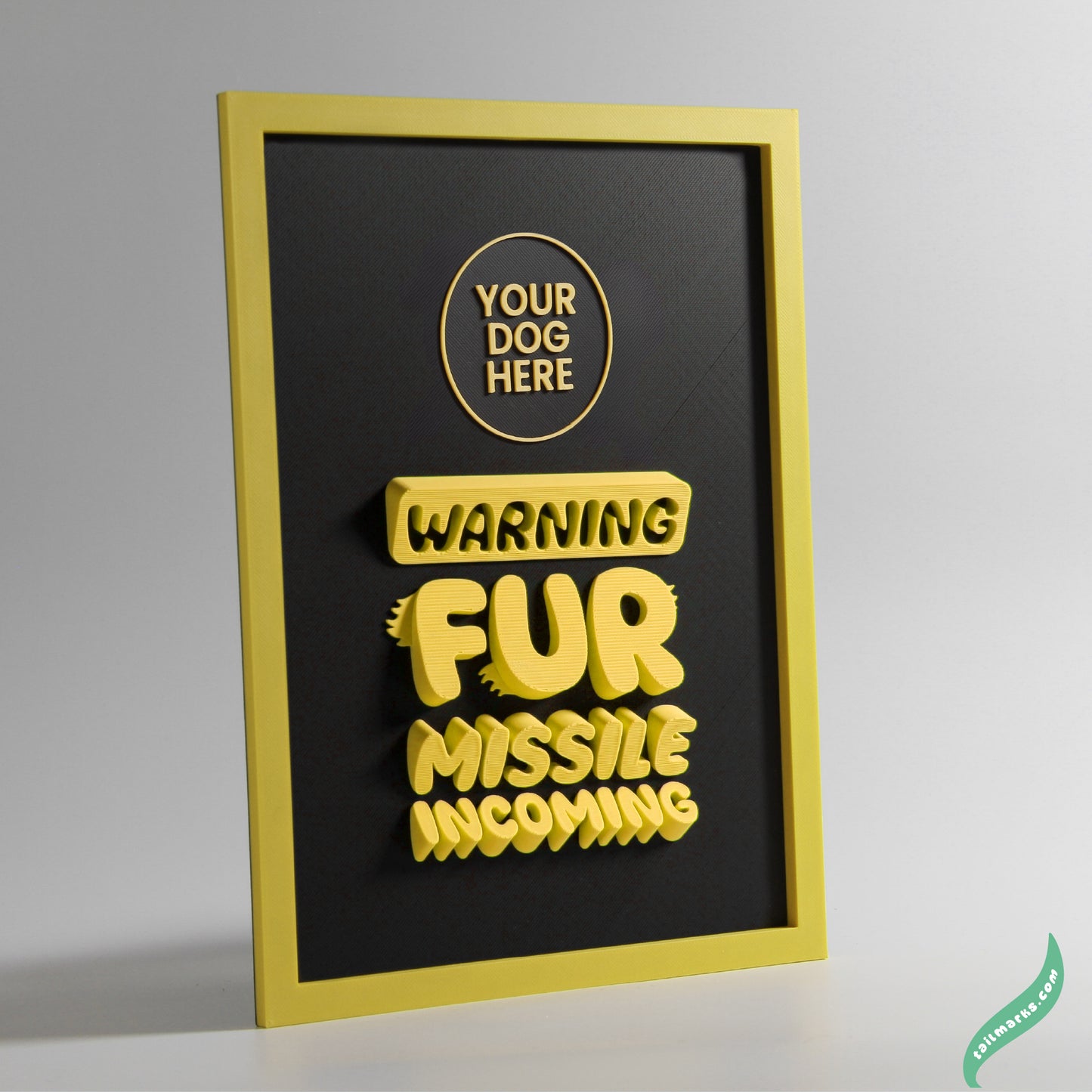 Personalised Dog Wall Decor "Warning — Fur Missile Incoming" Framed in 3D