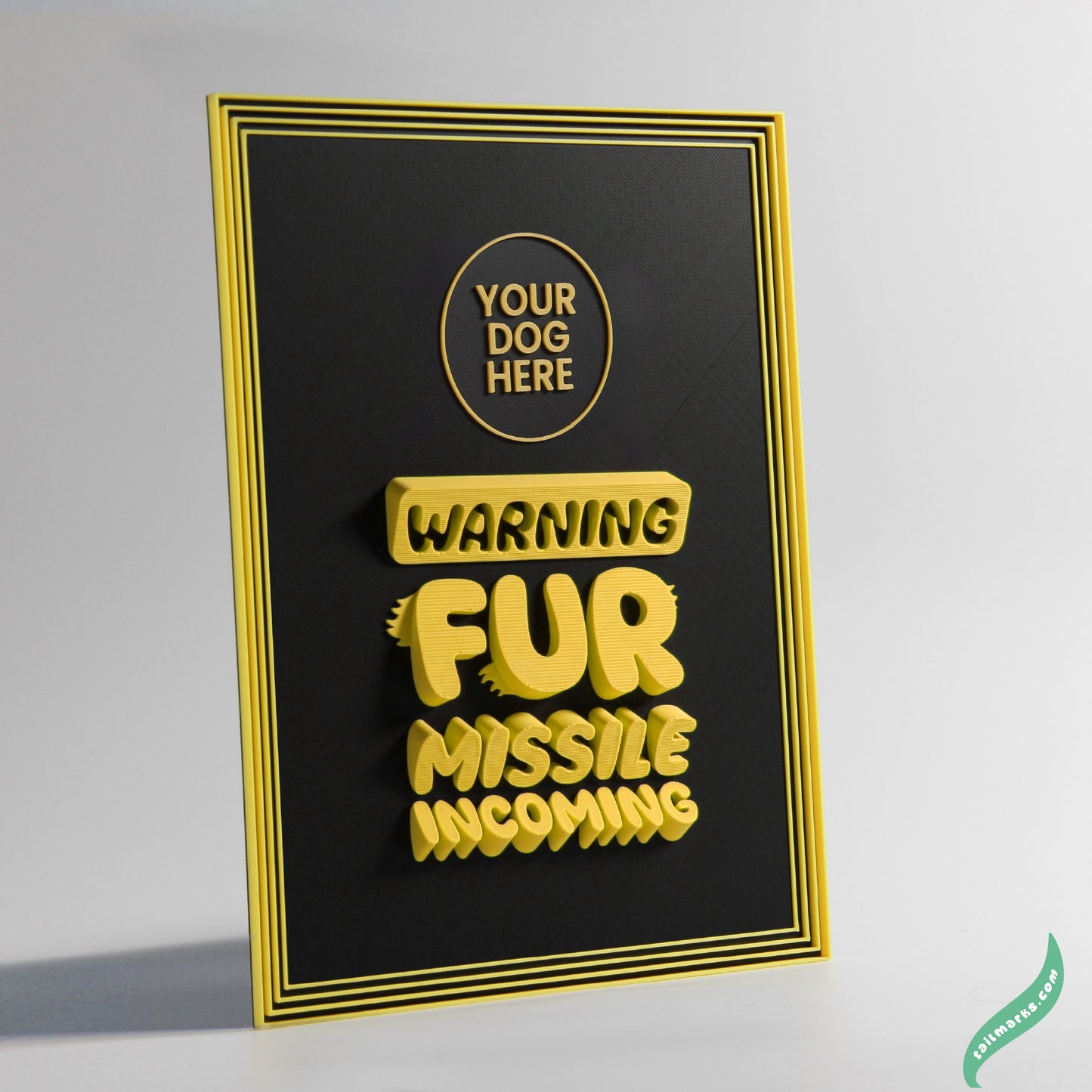 Personalised Dog Wall Decor "Warning — Fur Missile Incoming" Framed in 3D