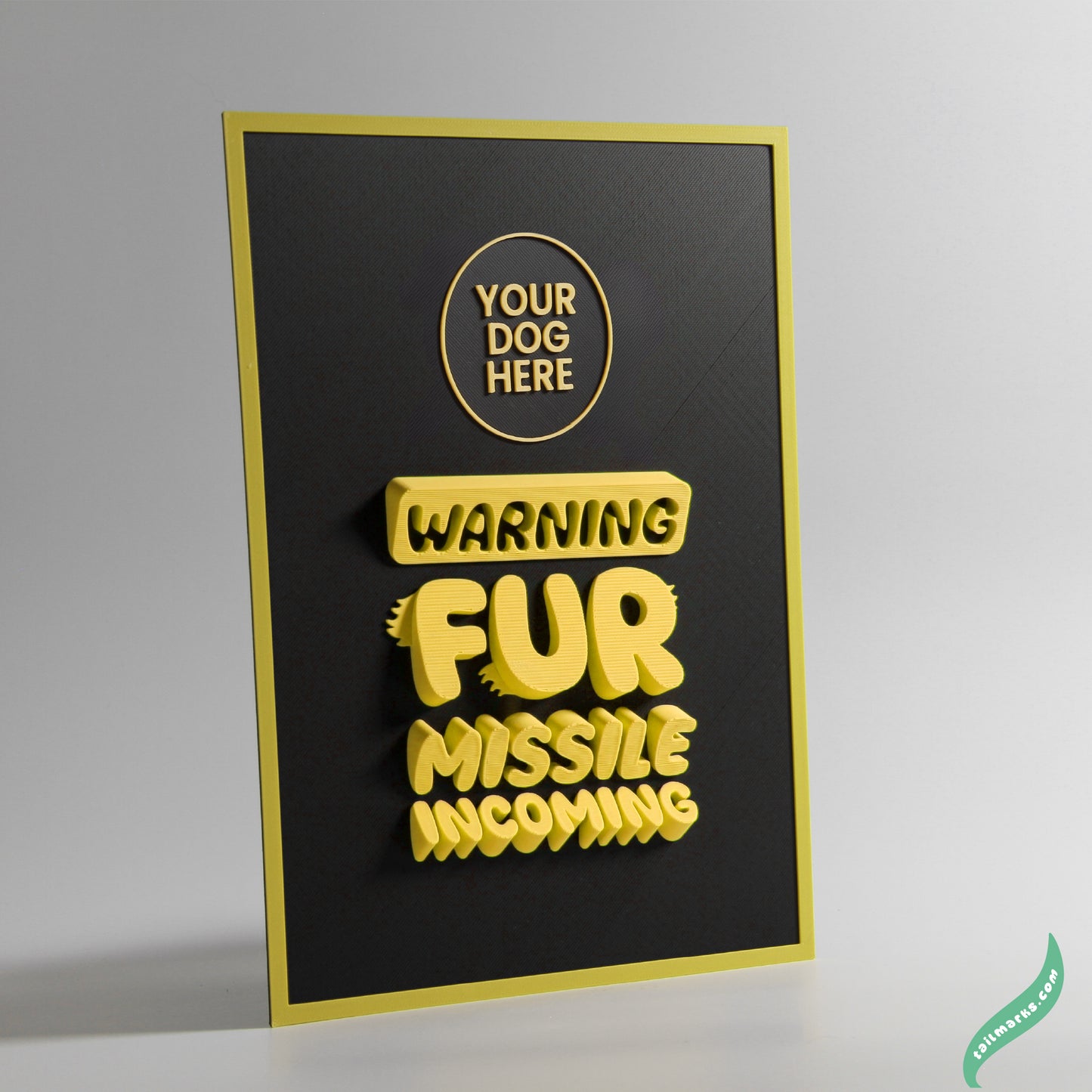 Personalised Dog Wall Decor "Warning — Fur Missile Incoming" Framed in 3D
