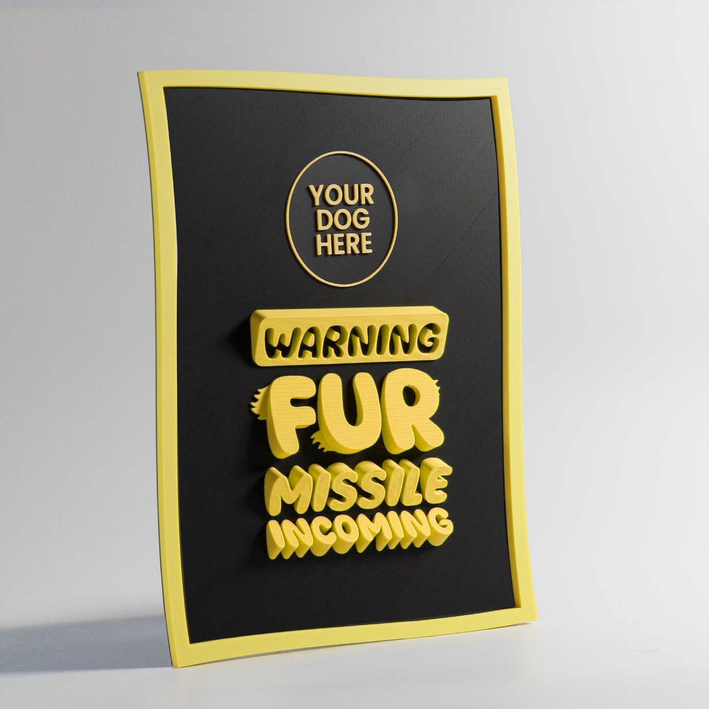 Personalised Dog Wall Decor "Warning — Fur Missile Incoming" Framed in 3D