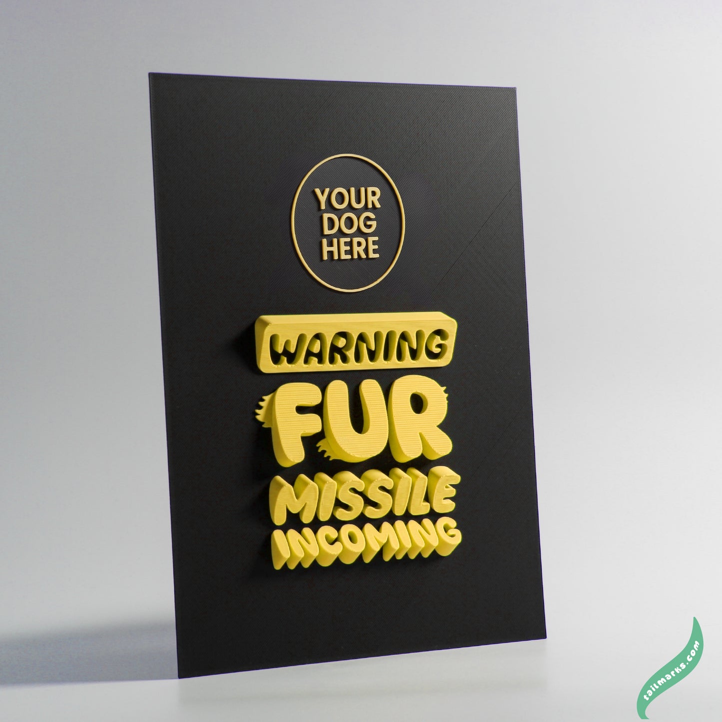 Personalised Dog Wall Decor "Warning — Fur Missile Incoming" Framed in 3D