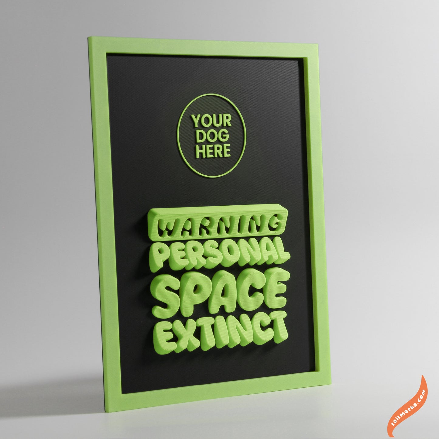 Personalised Dog Wall Decor "Warning — Personal Space Extinct" Framed in 3D