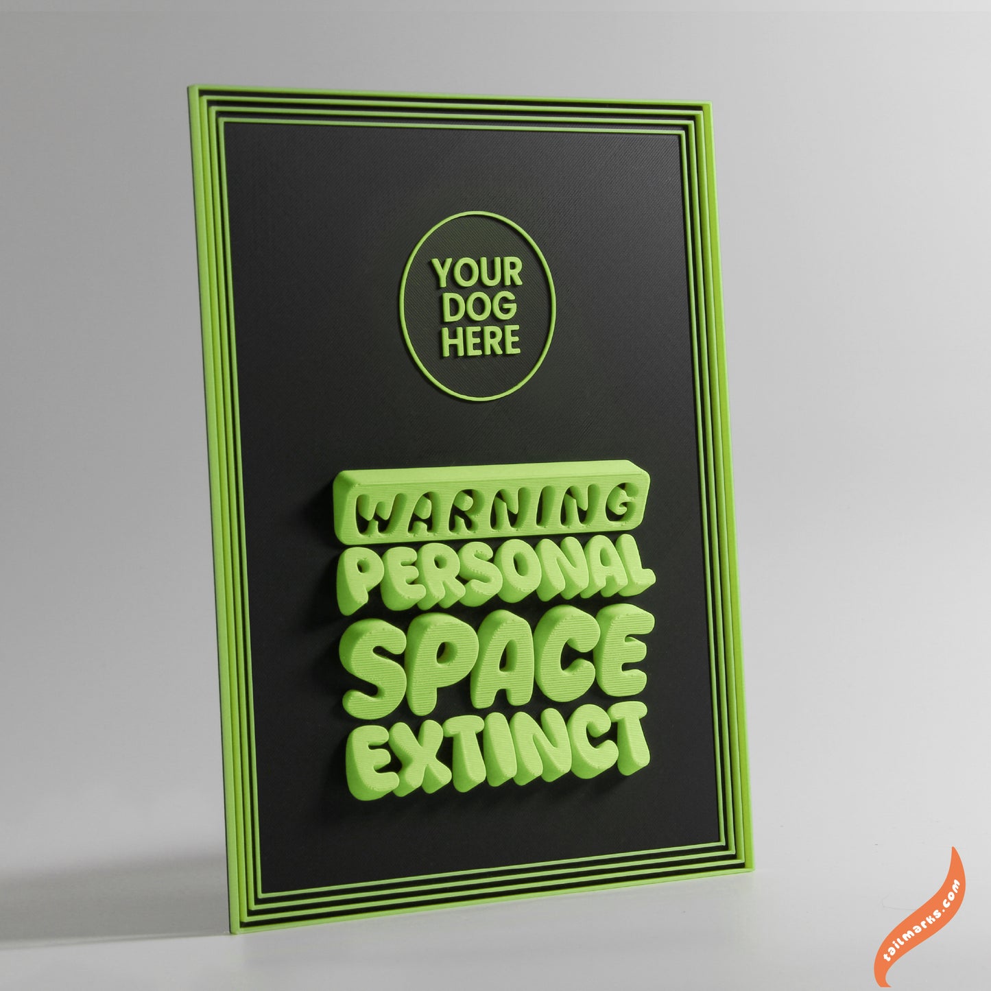 Personalised Dog Wall Decor "Warning — Personal Space Extinct" Framed in 3D