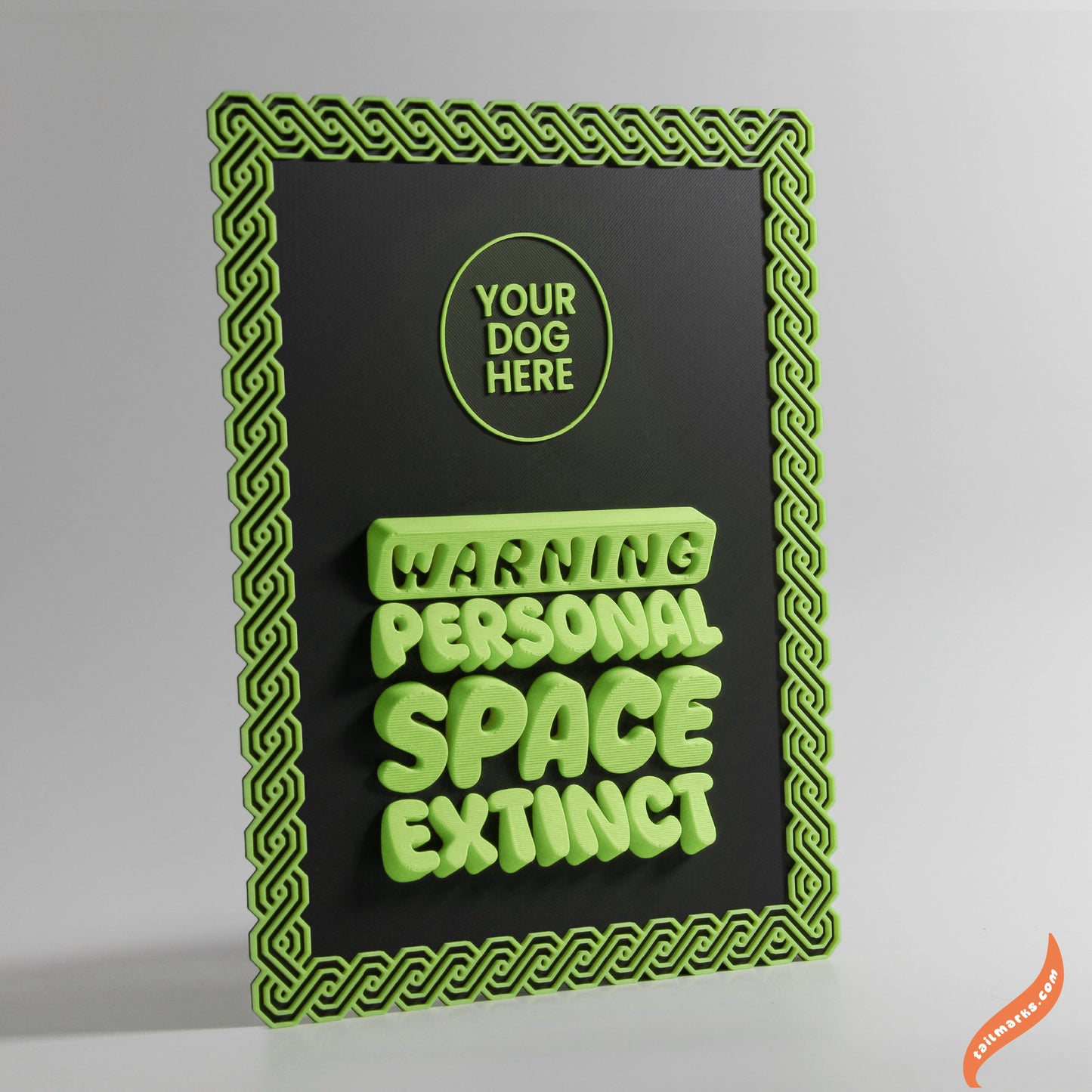 Personalised Dog Wall Decor "Warning — Personal Space Extinct" Framed in 3D