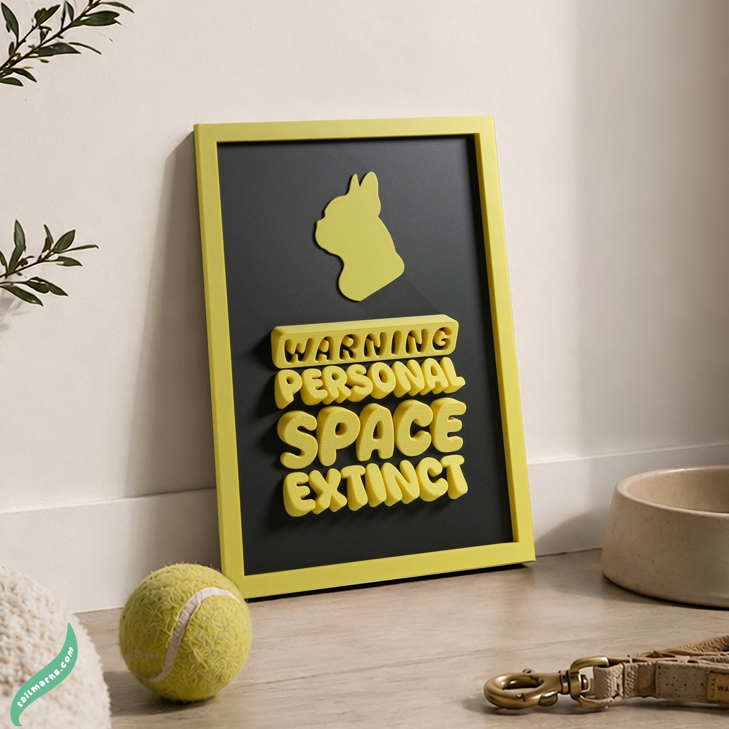 Personalised Dog Wall Decor "Warning — Personal Space Extinct" Framed in 3D
