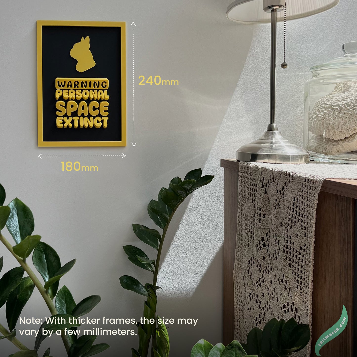 Personalised Dog Wall Decor "Warning — Personal Space Extinct" Framed in 3D