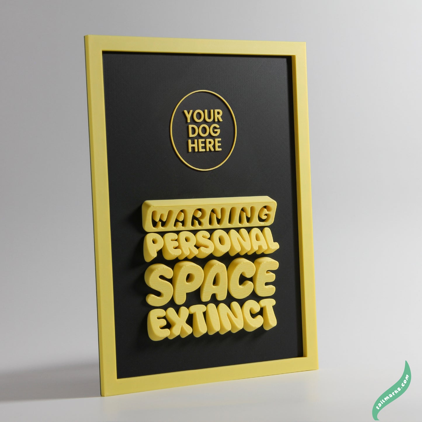 Personalised Dog Wall Decor "Warning — Personal Space Extinct" Framed in 3D