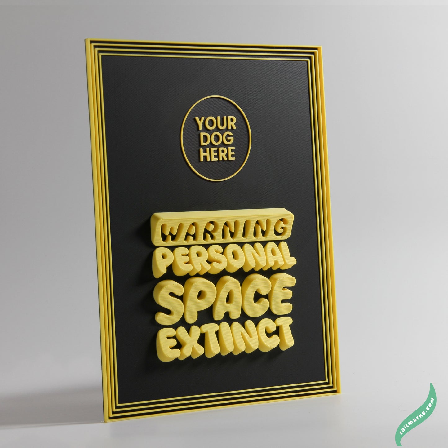Personalised Dog Wall Decor "Warning — Personal Space Extinct" Framed in 3D